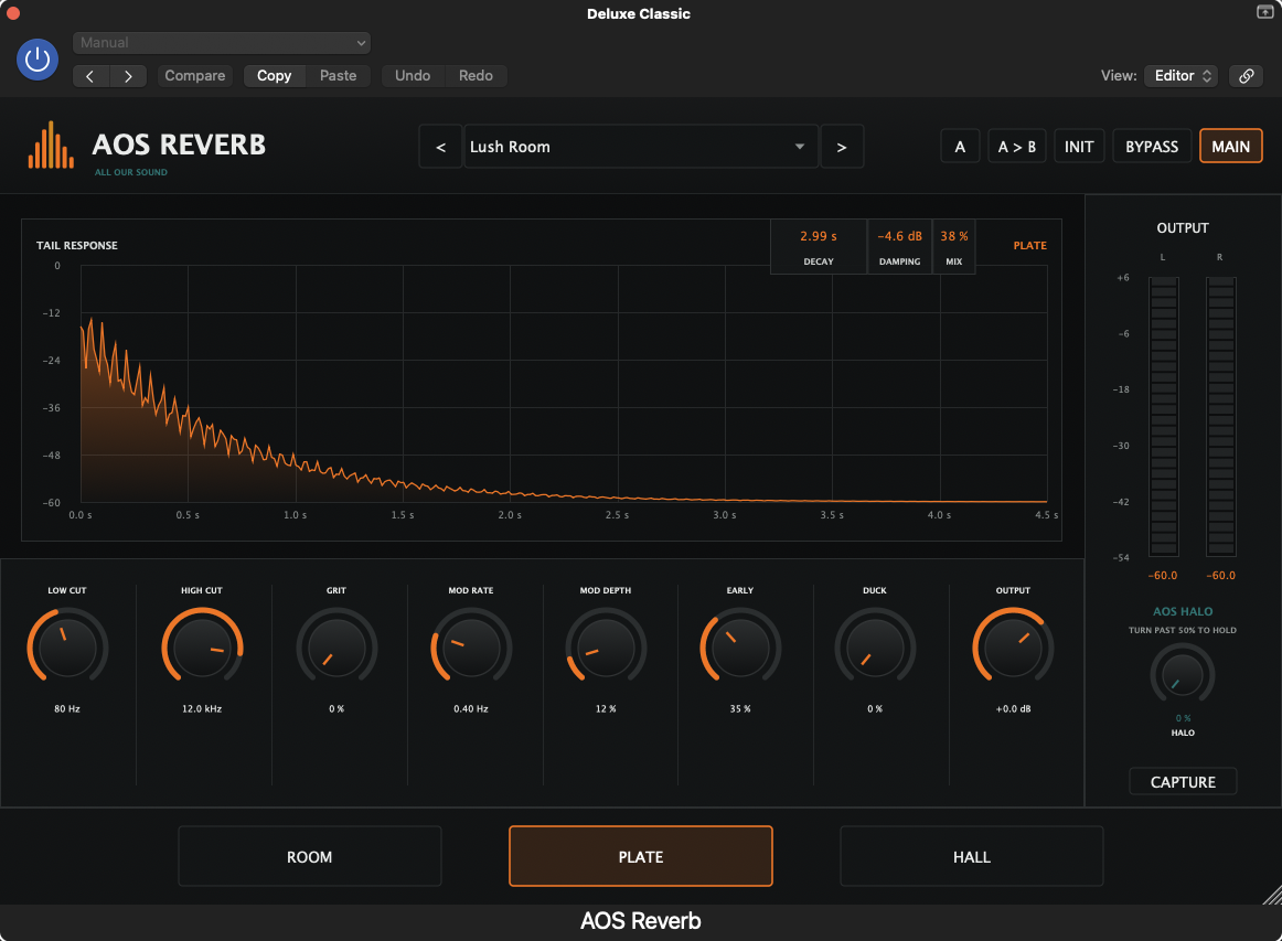 AOS Reverb — Detail view — tail filters, grit, modulation, early reflections, and ducking