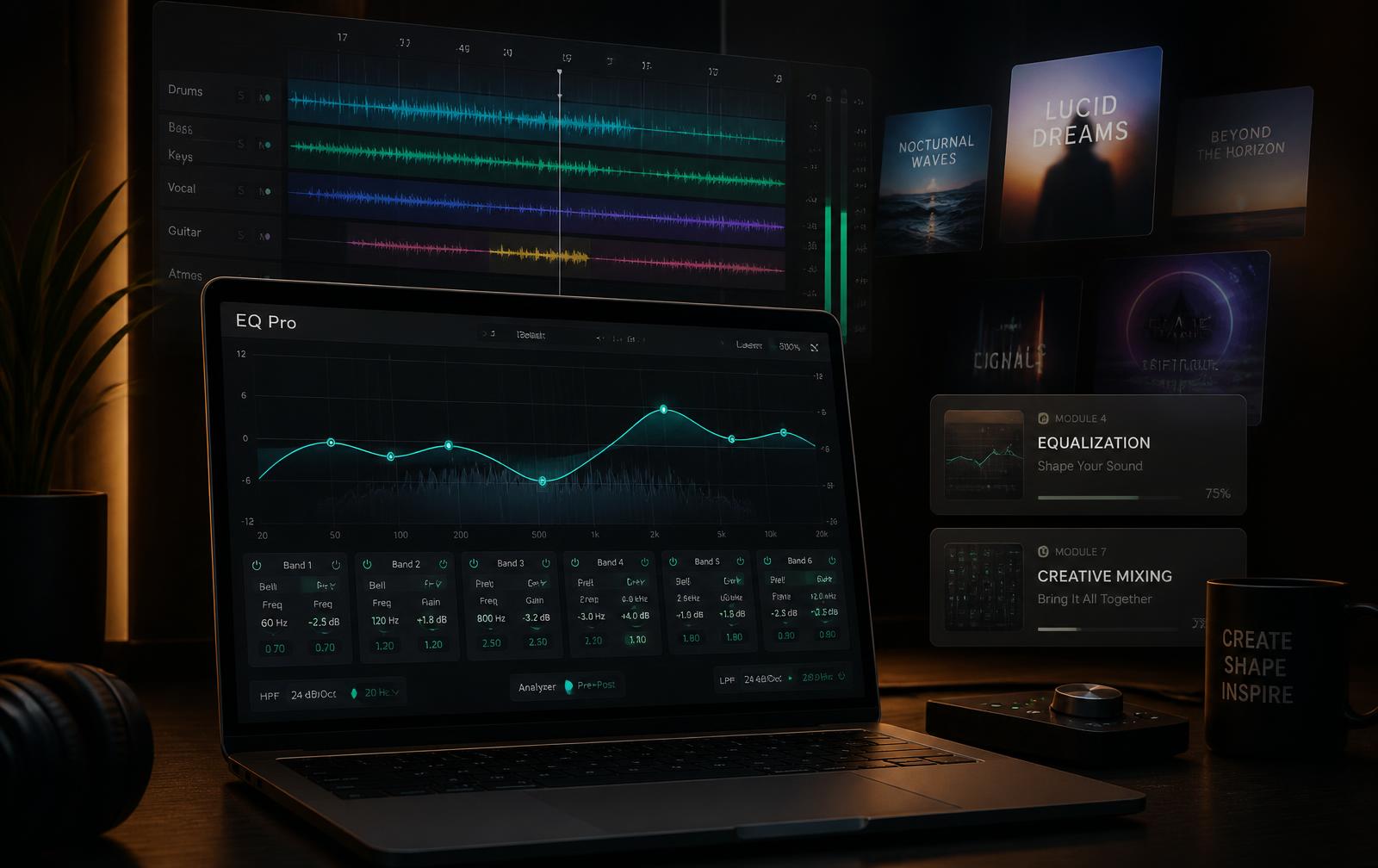 AOS audio plugin running on a laptop in front of a DAW timeline, album artwork, and course cards