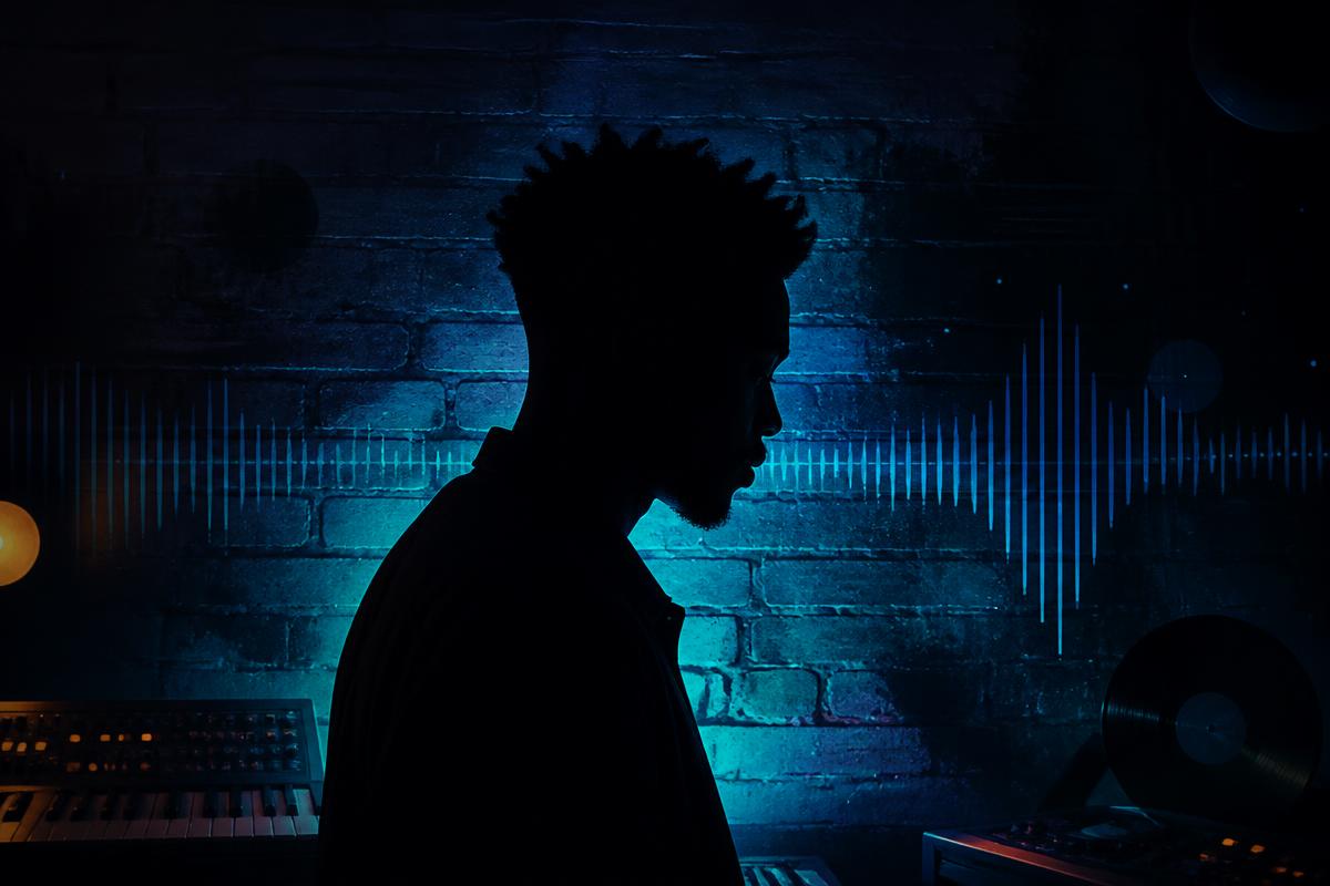 Silhouette of a music producer in a dark studio with synthesizers and audio waveforms